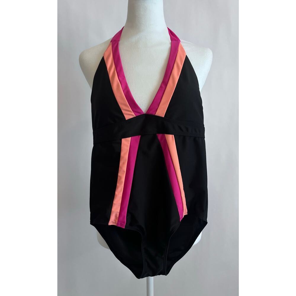 CROMER RESORTWEAR WOMENS ONE PIECE SWIMSUIT VNECK HALTER SZ 10 BLACK PEACH PINK